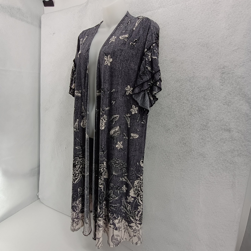 Cato Womens Kimono Duster Cardigan Gray Floral Ruffle Sleeve Longline XL